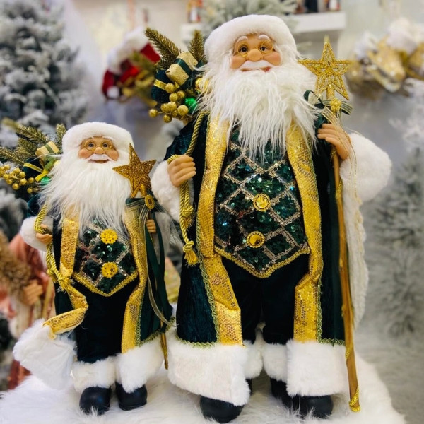 Medium and Small Standing Santa Claus Christmas Decoration in Golden, Green and White Color 60c